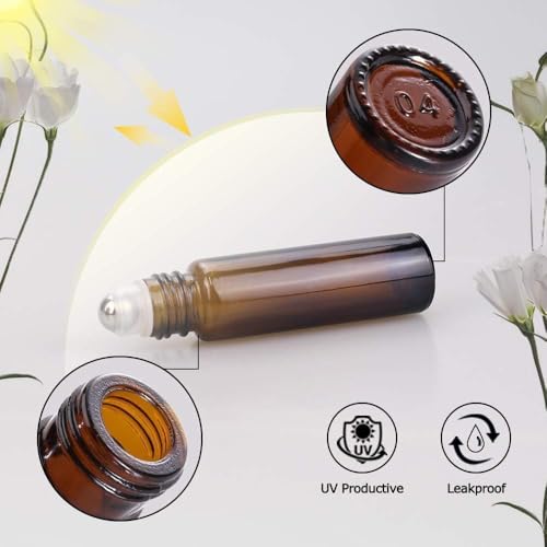 Sungwoo 10ml Amber Glass Roller Bottles - 25 Pack Leak-Proof Essential Oils
