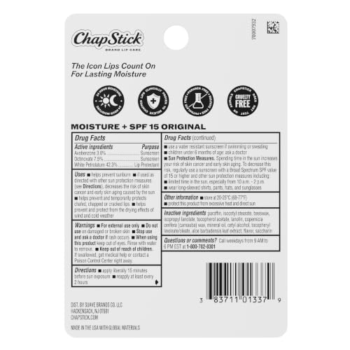 ChapStick Moisture Lip Balm SPF 15 - 4 Count Pack, 0.15 Oz Each