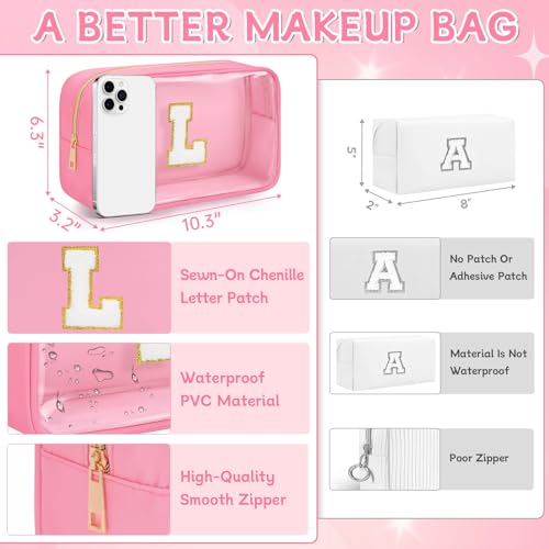 WELIDAY Pink L Initial Chenille Cosmetic Bag - Water-Resistant Travel Makeup Pouch