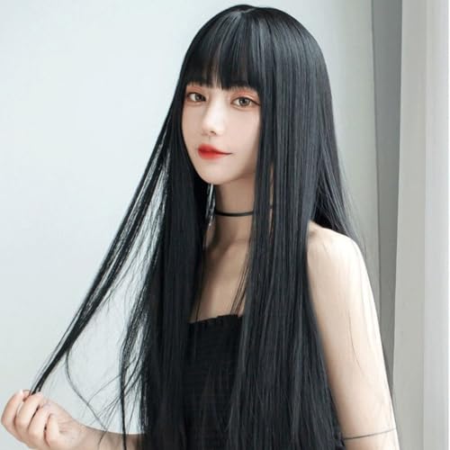 MaitianGuyou Women's Natural Black Long Straight Hair Wig with Air Bangs - Heat-Resistant Synthetic Topper 70cm