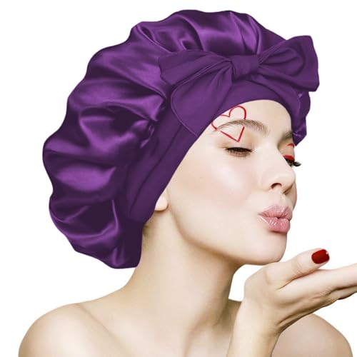 VECIIR Large Lavender Satin Sleep Bonnet for Women, Adjustable Hair Protector