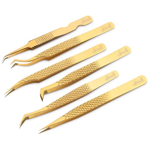 SIVOTE Gold Eyelash Extension Tweezers Set - 6 Professional Fiber Tip Tools