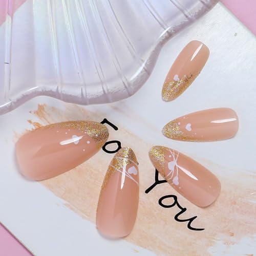 Onsdag Gold Glitter and White Love Heart Almond Press On Nails - 24 Pcs