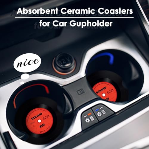 Ceramic Car Coasters for Drinks - 2 Pack, 2.6" Music Red