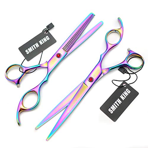 Smithking 7.0 Inch Rainbow Hair Cutting & Thinning Shears Set with Case & Combs