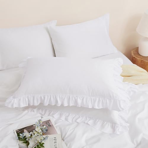 White Ruffle Euro Pillow Shams - 26" x 26" Soft Microfiber Covers (Set of 2)