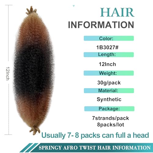 12 Inch Pre-Fluffed Afro Twist Hair 1B/30/27 - Pack of 8