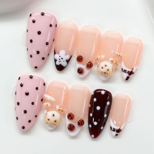 RIICFDD 3D Handcrafted Almond Press-On Nails with Floral Art, French Tips, Reusable