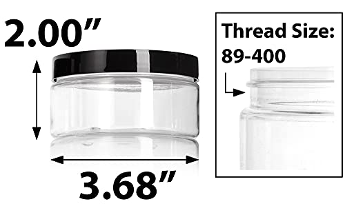 JUVITUS 8 oz Clear Plastic Wide Mouth Jars with Smooth Black Lids (6 Pack)