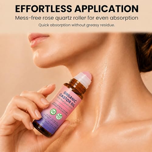 Organic Castor Oil Roll-On with Rose Quartz Roller - 100% Pure for Hair, Skin & Nails