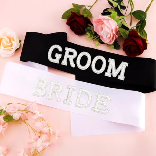 KICOSY Pearl Bride & Groom Sash Set for Wedding & Bachelorette Parties