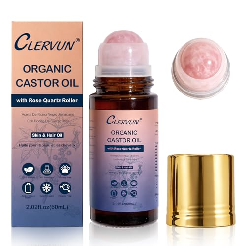 CLERVUN Organic Castor Oil with Rose Quartz Roller – 2.02 fl. oz
