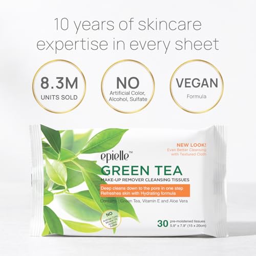 Epielle Green Tea Makeup Remover Wipes - Gentle Facial Cleansing Towelettes