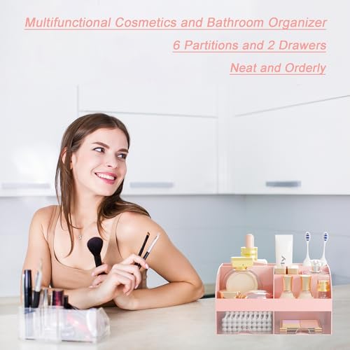 Pink Makeup Organizer with 2 Drawers, Cosmetic Storage for Vanity & Bathroom