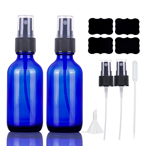 LUFEVRM 2oz Blue Glass Spray Bottles - Refillable Fine Mist (2 Pack)