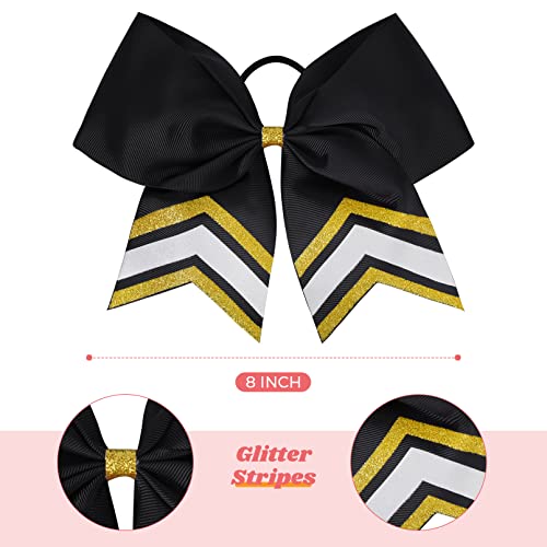8 Pack Cheerleader Hair Bows 7-inch Glitter & Satin Ponytail Holders for Girls & Sports Teams