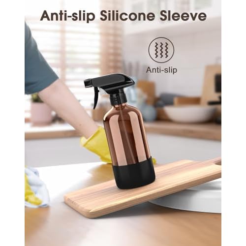 Bontip Glass Spray Bottle with Silicone Sleeve Protection, Amber Glass Spray Bottle Set for Window Cleaner Aromatherapy Facial Hydration Watering Flowers Hair Care 2 Pack/16 oz (Black & Brown)