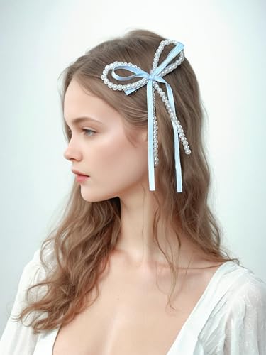 Light Blue Pearl Bow Hair Clips - Adjustable Set of 2 for Girls & Women