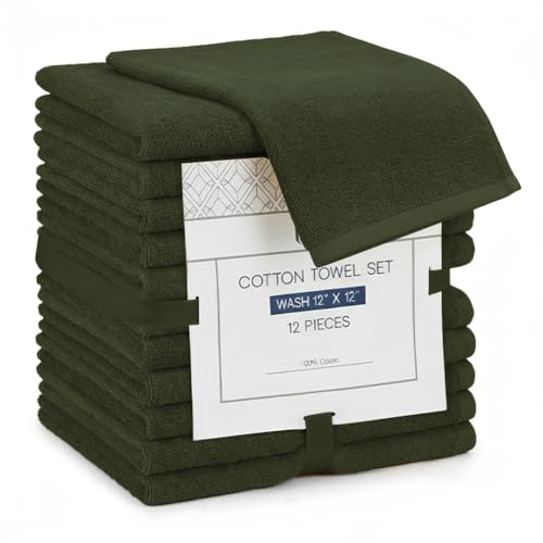Zero Twist Washcloths 12x12 100% Cotton, 12-Pack – Army Green
