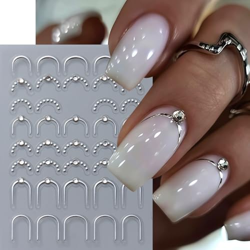 4 Pcs French Line Nail Art Stickers with Rhinestones - Self-Adhesive 5D Designs
