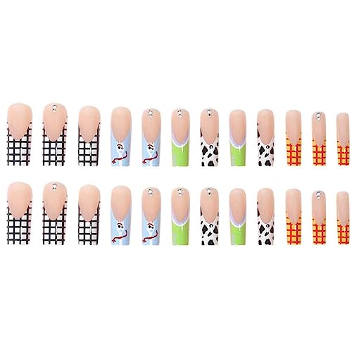 Foccna Long Press Pink Square French Fake Nails Summer Purple Full