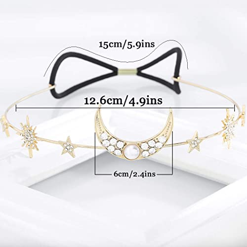 Gold Star Moon Headband with Rhinestones and Crystal Head Chain for Weddings
