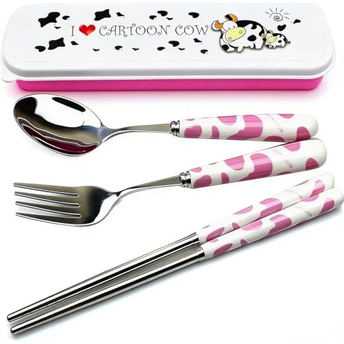 Cute Cow Flatware Set - Portable 3-Piece Spoon Fork Chopsticks