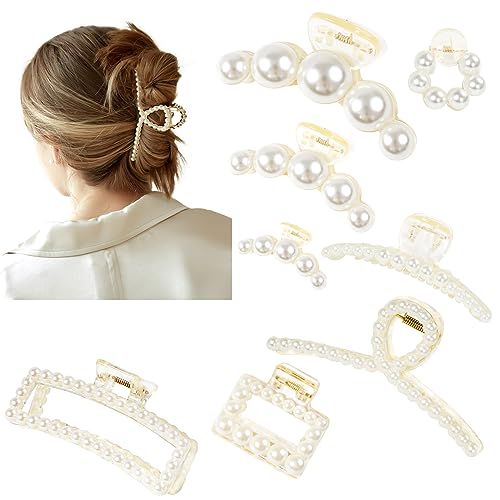 Pearl Hair Clips Set for Women - 8pcs Claw Barrettes for Thick & Thin Hair