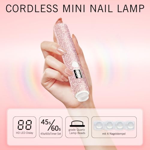 Peccera Pink Diamond Portable UV Nail Lamp - Rechargeable Cordless Mini Gel Polish Dryer for DIY Manicure