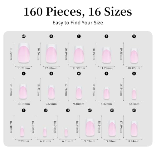 Cycullinyt Short Squaval French Tip Press On Nails 160 pcs Pink & White