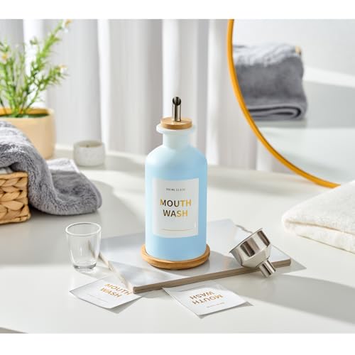 MUVEKA White Glass Mouthwash Dispenser Set - 11.8oz with Bamboo Tray