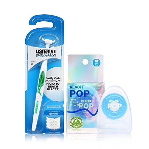 Listerine Ultraclean Access Flosser & Reach POP Dental Floss Bundle - 2 Pack Starter Kit with Mint Floss Heads