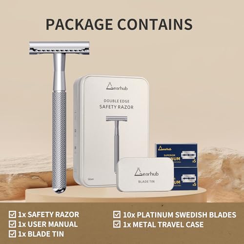 Gearhub 3-Piece Double Edge Safety Razor - Stainless Steel Silver Shaver