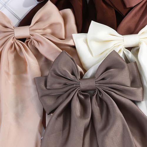 Brown Satin Hair Bows for Women & Girls - Oversized Ribbon Clips 6pcs
