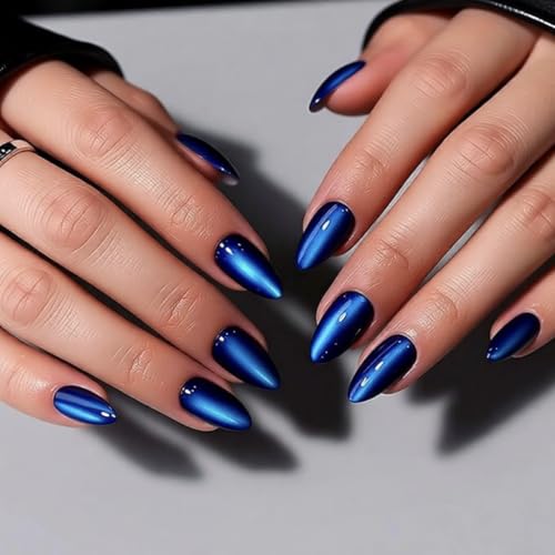 Dark Blue Almond Press On Nails - 24 Pcs Pearl Shimmer French Fake Nails