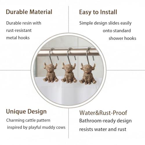 Highland Cow Shower Curtain Hooks - 12 Pack Rustic Bathroom Rings