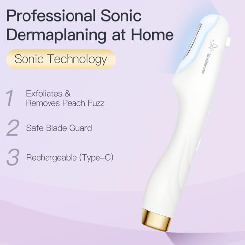 Dermaplane-razor for Women Face,Sonic Dermaplane,Sonic Dermaplaning Tool,Face Shaver Facial Hair Removal & Peach Fuzz Romover + 12 Blades (White With Gold Accent)