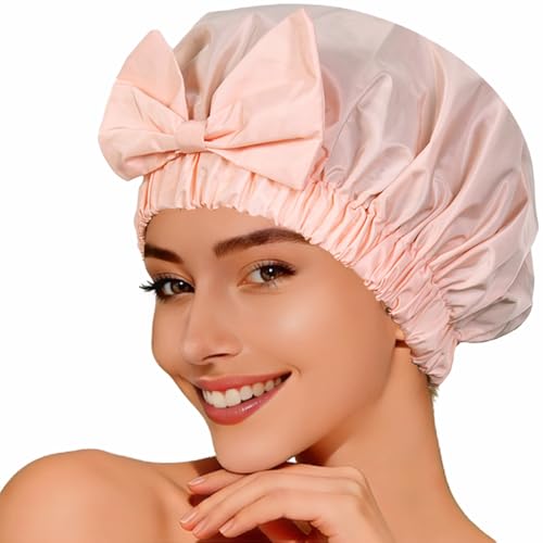 TUVATU Waterproof Shower Cap for Women with Cute Bow, Reusable Hair Cap