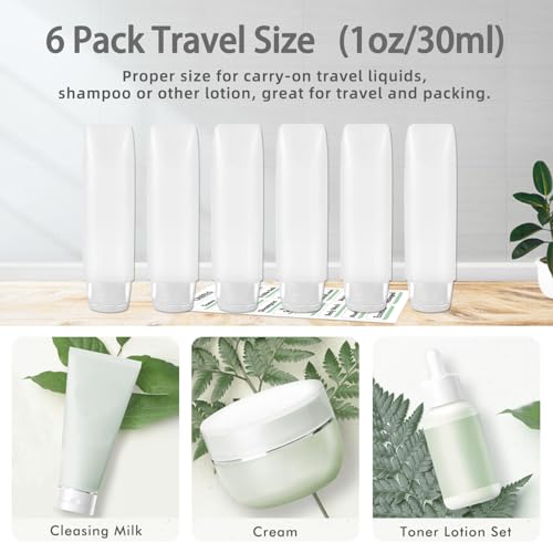 6 Pack 1 oz Travel Size Leak-Proof Toiletry Bottles with Labels
