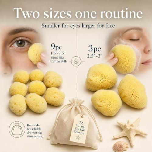 Natural Sea Silk Sponges 12-Pack for Face Makeup & Cleansing, Reusable Facial Pads
