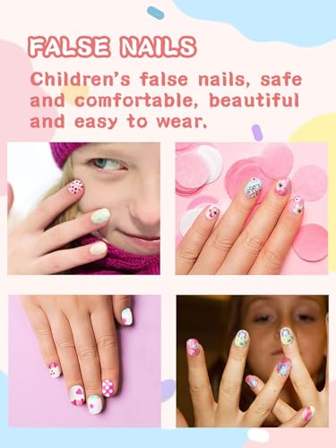Wsimily 120Pcs Kids Colorful Short Fake Nails Set - Safe Acrylic Nail Art Kit - Variation A