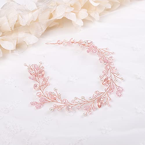 Kercisbeauty Rose Gold Pink Crystal Pearl Boho Headband