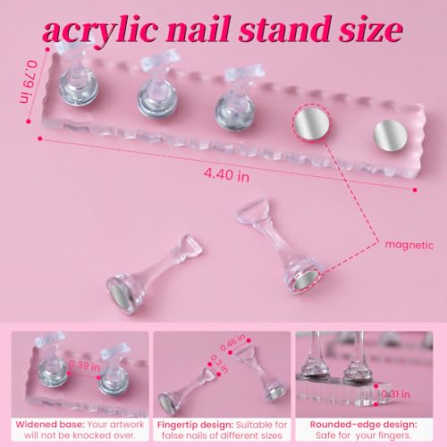 ESUOHYM Large Clear Press On Nail Stand with Magnetic Tips & 200 Sticky Tabs for DIY Nail Art & Salon Use