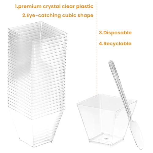 50 Pack 2 oz Clear Square Dessert Cups with Spoons - Mini Serving Bowls for Parties