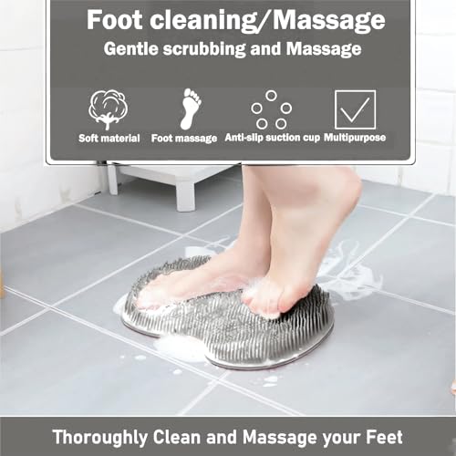 Easkite Grey & Blue Wall-Mounted Shower Foot and Back Scrubber Mat, Silicone Exfoliating Massage Brush