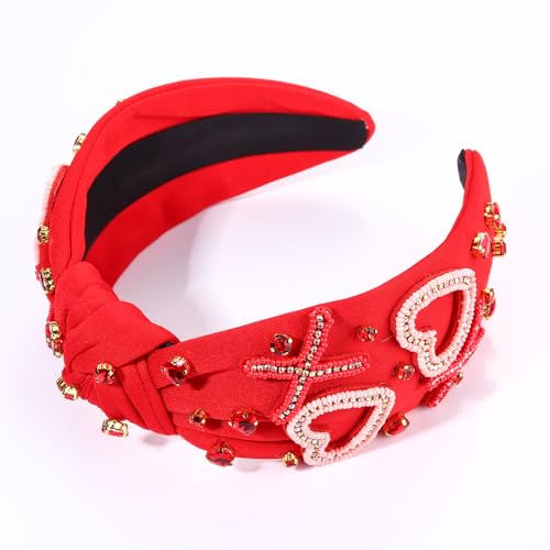 NVENF Love Heart Knotted Headband with Bead XO - Red & Pink Rhinestone