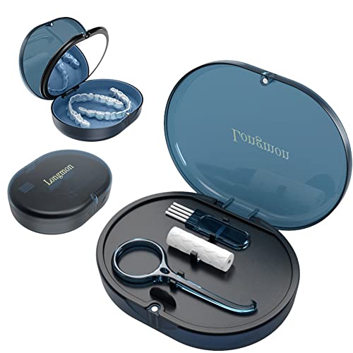 LONGMON Blue Double-Layer Retainer Storage Case with Removal Tool, Cleaning Brush & Built-in Mirror