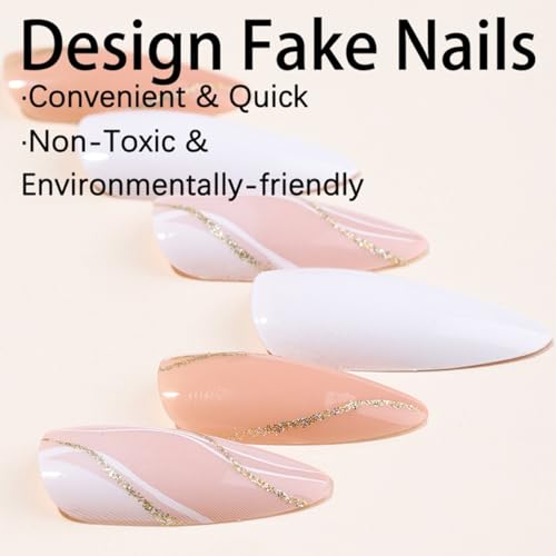 Medium Almond Press-On Nails with Gold Line Design - 24 Pcs