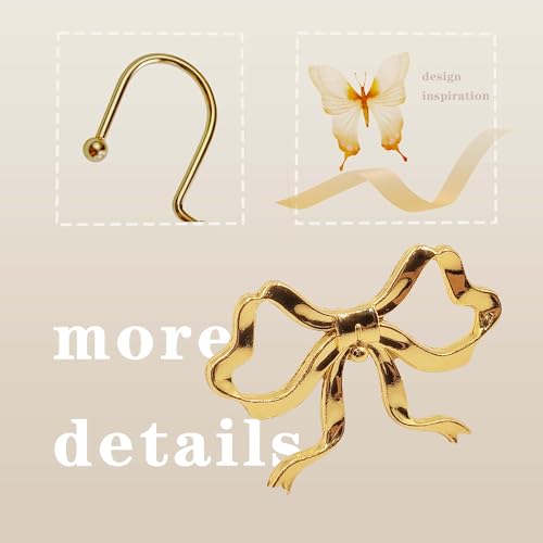 Gold Bow Shower Curtain Hooks - 12 Pack Rust Proof Rings for Elegant Bathroom Decor