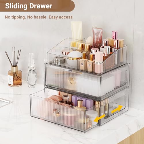 HOMETUK 2-Tier Clear Makeup Organizer with Drawer for Vanity and Bathroom
